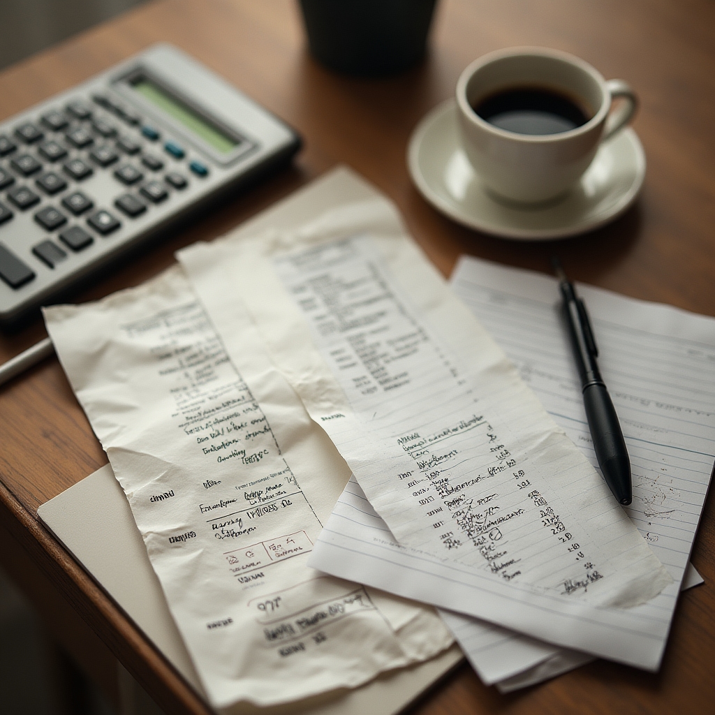 Calculadora y tickets de compra sobre un escritorio de madera